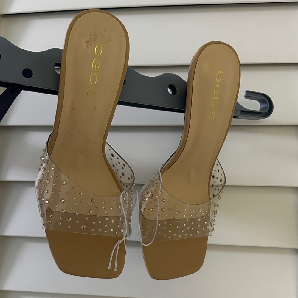 Bebe Women's Tan and Clear Embellished Mules size 7